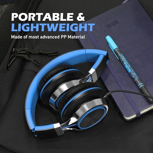 Premium AILIHEN C8 Kids Wired Headphones – Foldable On-Ear Design with Adjustable Volume Control and Built-In Microphone for Safe Listening – Perfect for School, Travel, and Home Use (Black/Blue) – Exceptional Sound Quality for Young Audiophiles and Learning Environments
