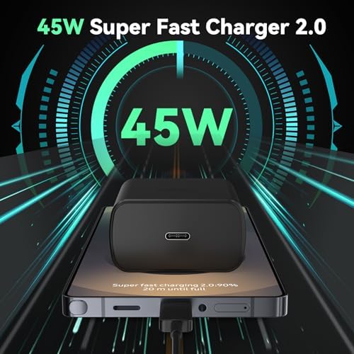 45 W Super Fast USB-C Charger with 6.6 ft Cable – Ultra-Fast Charging Adapter for Samsung Galaxy S24/S23/S22/S21/Note 20 – Stylish Deep Purple & Blue Design for Enhanced Device Performance and Safety