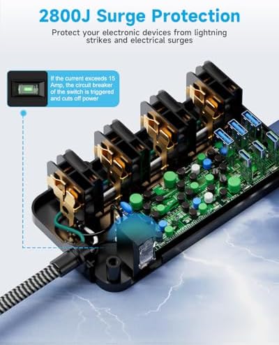 Maximize Your Charging Efficiency with the 2800 Joules Surge Protector Power Strip – 8 AC Outlets & 6 Fast-Charging USB Ports (4.8 A/24 W) for i Phone 15, 5 ft Flat Extension Cord & Wall Mount Design – Perfect for Home, Office & Travel Needs