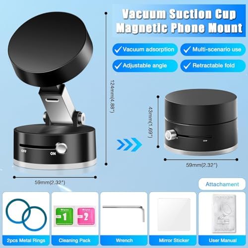 Magnetic Vacuum Suction Holder, Double-Sided Phone Holder with Suction Cup for Car/Mirror/Smooth Surface, Foldable and Retractable, Universal, Car Phone Mount. – Enhanced Compatibility and Speed