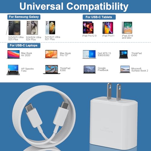 Ultra-Fast 45 W Samsung USB-C Wall Charger with 6.6 FT Cable – Optimal Charging Solution for Galaxy S25 Ultra, S24, S23, S22, Note 10/20 & Tab S8/S7 – Compact Design with Advanced Safety Features for Rapid Device Power-Up