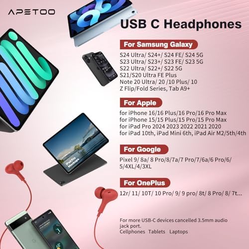 Magnetic USB C Earbuds for Samsung Galaxy S24 Ultra, S23 FE, S22, S21, A54, A53 & i Phone 16, 15 Pro Max – Noise Isolating Wired Headphones with Microphone and Volume Control for Enhanced Audio Experience – Perfect for Music Lovers and Professionals
