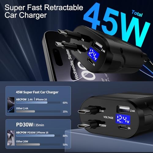 Ultimate 45 W Retractable Car Charger for i Phone 16 Series & Samsung Galaxy Devices – Dual 2.6 FT USB-C Fast Charging Adapter with Tangle-Free Design and Built-In Safety Features for On-the-Go Power Solutions