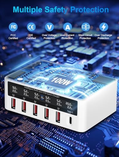 Ultimate 100 W 6-Port USB Charging Hub with Qi Wireless Charging Pad – Rapid Multi-Device Power Station for i Phone, Samsung, Tablets & More – Essential for Home, Office, and Travel Efficiency