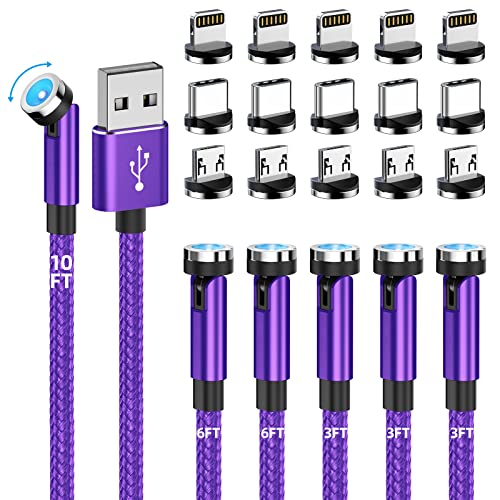 Revolutionary 540° Rotating Magnetic Charging Cable Set – 6-Piece Nylon Braided USB Charger Collection for i Phone, Micro USB, and Type C Devices – Versatile 3 ft, 6 ft, and 10 ft Lengths for Ultimate Flexibility and Fast Charging Solutions