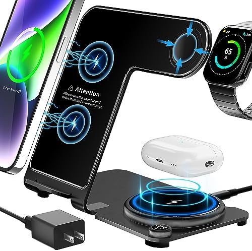 3-in-1 Aluminum Alloy Wireless Charging Station – 18 W Fast Charger for i Phone 15/14/13/12/11/Pro/Max/XS/XR/X/8, Apple Watch 9/8/7/6/5/4/3/2/SE & Air Pods Pro/3/2 – Sleek, Efficient, and Tangle-Free Solution for All Your Devices
