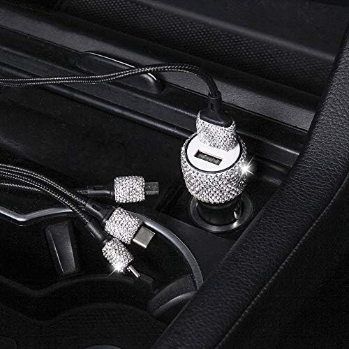 Chic Rhinestone Dual USB Car Charger & 3-in-1 Braided Charging Cable Set – Stylish Bling Accessories for Fast Charging & Enhanced Compatibility – Perfect for Women’s Vehicles in Silver