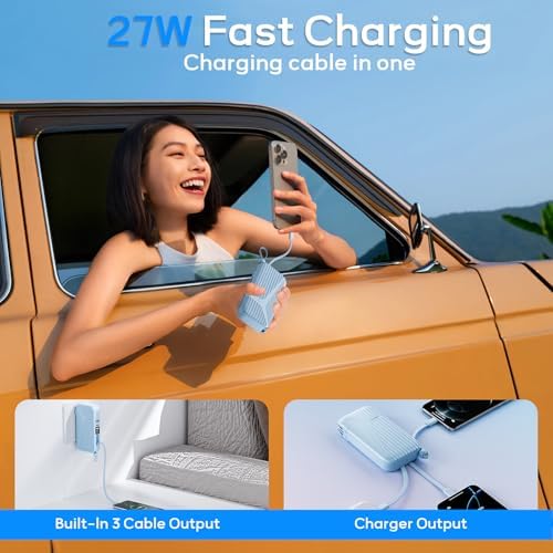 Compact 27 W Fast Charging Power Bank with Built-in Cables – 10,000 m Ah Portable Charger for i Phone & Android – Effortless Multi-Device Charging with 4 Outputs & 2 Inputs – Essential Travel Battery Pack for i Phone 16/15/14 and Newer – Durable Design for On-the-Go Energy Solutions