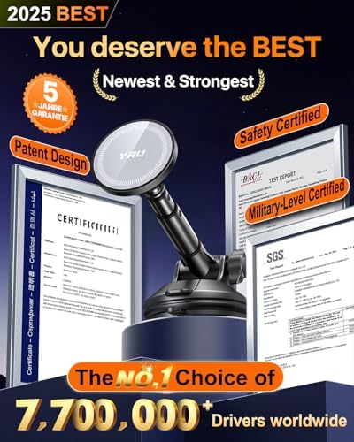 YRU 2025 Magnetic Phone Holder for Car – Superior Patented Magnet Technology for Seamless Dashboard or Windshield Mounting | Mag Safe Compatible | Sleek Black Design Perfect for i Phone 12-16 Pro Max & Samsung | Effortless Installation for Hands-Free Navigation & Calls | Built to Last for Everyday Use