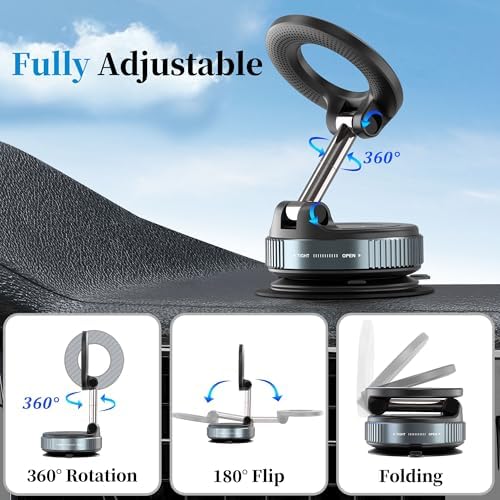 PlusAcc Vacuum Magnetic Phone Holder for Car – Suction Cup Phone Mount 360° Rotatable Foldable Portable Strong Magnet Stand for iPhone 16/15/14/13 in Gym, Mirror, Smooth Surface, All Vehicles – Enhanced Compatibility and Speed