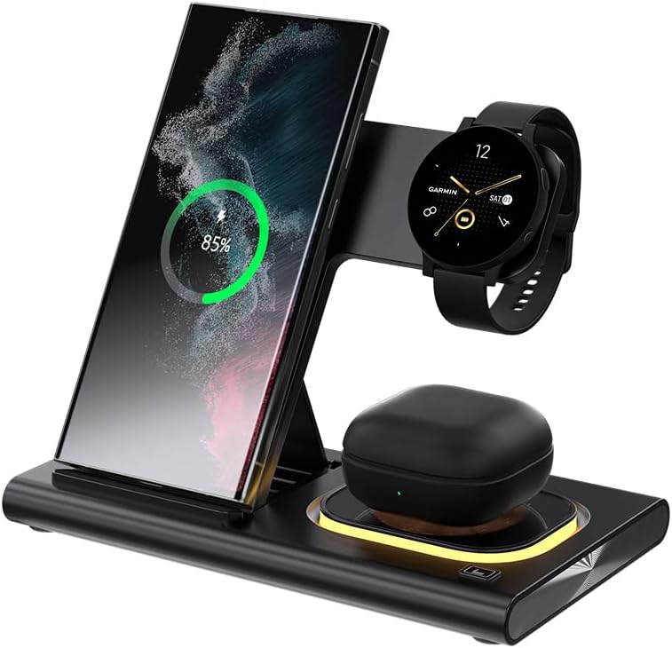 Ultimate 4-in-1 Fast Wireless Charger for Samsung Devices – Multi-Device Charging Station with LED Indicator, Portable Folding Dock for Galaxy S25, S24, S23, S22, Z Fold6, Z Flip6, Watch & Earbuds (Black) – Efficient & Sleek Design for Tech-Savvy Users