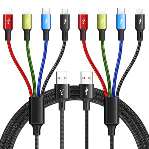 Versatile 4-in-1 Braided Multi USB Charging Cable with Fast Charging Support – Durable 4 A Charging Cord for Smartphones, Tablets, and Gaming Devices – 2 Pack (4 Ft) with IP/USB C/Micro Ports for Seamless Compatibility and Enhanced Performance