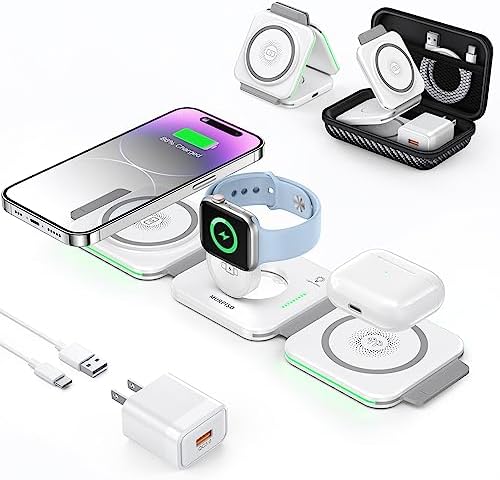 Magnetic 3-in-1 Travel Charging Station for Apple Devices – Ultra-Fast Wireless Charger for i Phone 16/15/14/13/12/Pro/Max/Mini, Air Pods Pro/Wireless, and Apple Watch Series Ultra/SE/10/9/8/7/6/5/4/3/2 – Compact Foldable Design for Ultimate Portability and Compatibility, Ideal for Busy Professionals and Travelers Seeking Efficiency and Style