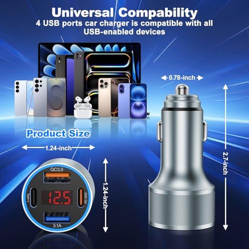 High-Power 65 W USB C Car Charger with 4 Fast Charging Ports, PD30 W Capability, Digital Voltage Display & 2 USB Cables – Ultimate Compatibility for i Phone 16/15/14/13, Samsung Galaxy S25/S24/S23, i Pads & More – Efficient On-the-Go Charging Solution