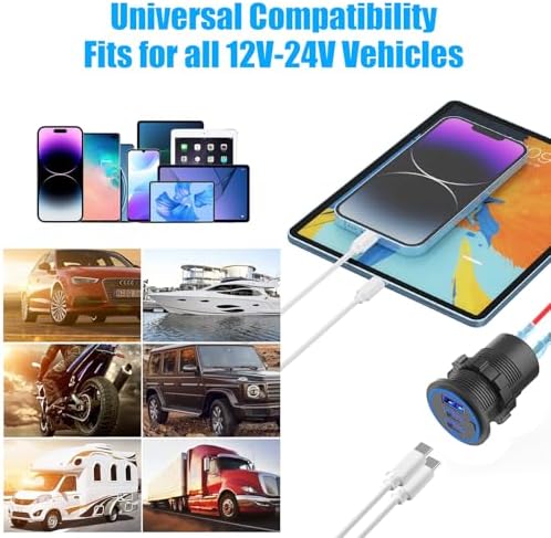 Power Up Anywhere: 2 Pack High-Speed USB C Car Charger Socket – 12 V Multi-Port Cylinder Charger with 30 W PD & 18 W QC3.0, Waterproof Button Switch for Cars, Boats, RVs, Trucks, and More – Ultimate Versatility and Durability