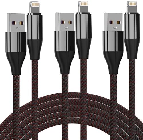 MFi Certified 6-Foot Nylon Braided i Phone Charger Cable Pack – Fast Charging Lightning Cords for i Phone 11, Pro, X, Xs Max, XR, 8 Plus, 7 Plus, 6 & i Pad – Enhanced Durability and Flexibility for Home & Office Use – Tangle-Free Design in Sleek Black Finish