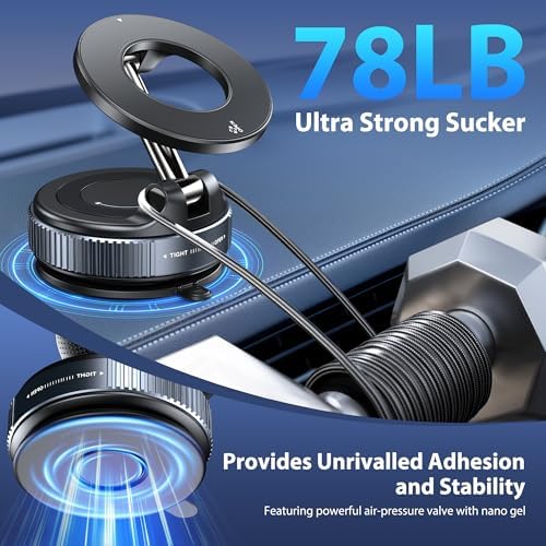 CreaDream Car Phone Mount for Magsafe, Ultra Strong Vacuum Magnetic Suction Cup Cell Phone Holder with 360° Rotation, Foldable Phone Holders for Your Car, Car Accessories for All Smartphones（Black） – Enhanced Compatibility and Speed