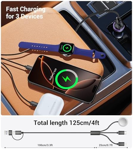 Temdan 3-in-2 USB C Charging Cable: Versatile Multi-Device Charger for Apple Watch Ultra, SE & i Phone 12-16 – Rapid Charge, Compact Travel Essential – Stylish Pink Smartwatch Accessory for On-the-Go Power Solutions