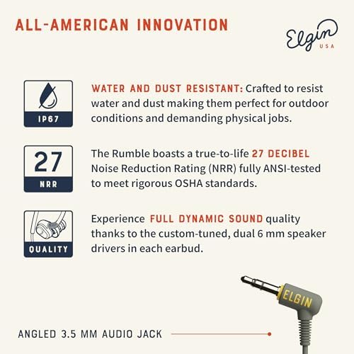 Elgin Rumble Industrial Earplug Headphones – OSHA Compliant Noise-Isolating In-Ear Earbuds with 27 d B NRR, Waterproof IP67 Rating, Integrated Mic for Hands-Free Calls, 3.5 mm Jack for Universal Device Compatibility – Premium Hearing Protection for Noisy Work Environments