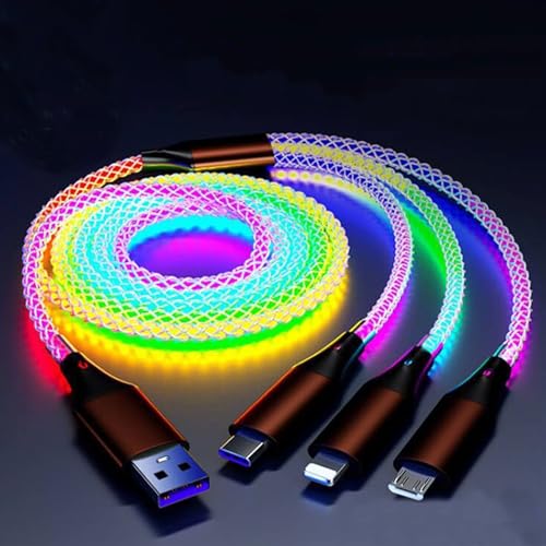 Elevate Your Charging Game with the 66 W 3-in-1 RGB LED Light-Up Cable – Fast, Durable, and Universally Compatible for Samsung, Huawei, and More – Enjoy Vibrant Flowing Lights to Monitor Charging Status and a Generous 4-Foot Reach for Ultimate Convenience!