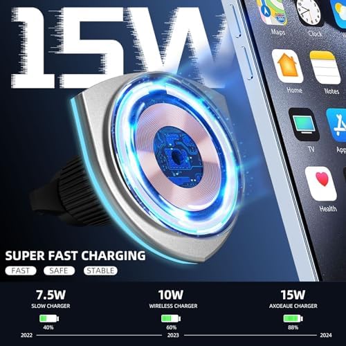 Mag Safe Car Mount Charger for i Phone 15/14/13/12 Series – 15 W High-Speed Magnetic Wireless Holder, Secure Air Vent Attachment, Sleek Black Design for Effortless Charging and Hands-Free Navigation