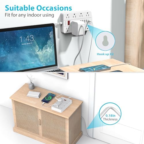 Compact Surge Protector Power Strip with 8 Outlets & 6 USB Ports – AOFO 5 ft Flat Extension Cord for Travel, Office & Dorm – Durable Design with USB-C Fast Charging, Enhanced Safety & Space Efficiency