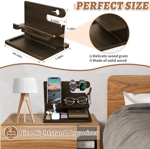 Wood Phone Docking Station – Nightstand Charging Organizer and Cell Phone Stand – Bedside Gift for Men – Enhanced Compatibility and Speed