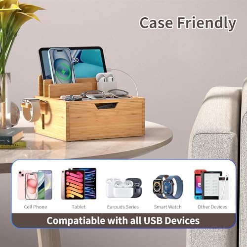 Bamboo Multi-Device Charging Station with 5-Port USB Hub & Drawer – Fast Charging Dock Organizer for Smartphones & Tablets – Eco-Friendly Power Solution with Enhanced Compatibility & Sleek Aesthetics