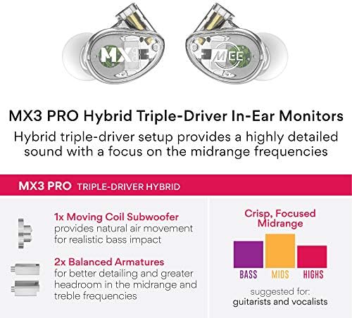 MEE audio MX1 PRO Dynamic Driver In-Ear Monitor Headphones – Professional Quality Sound Isolation Earbuds with Memory Wire Comfort, Detachable Cables, and Transparent Design for Musicians and Audiophiles – Exceptional Audio Clarity for Live Performances and Studio Sessions