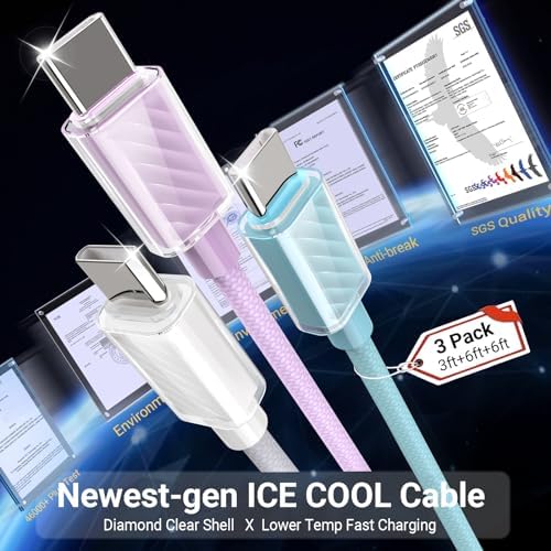 Revolutionize Your Charging Routine with the 2024 USB C Cable 60 W Fast Charging 3-Pack – Featuring 3 ft, 6 ft, & 6 ft Durable Cords, Enhanced with Ice Cool Technology for Optimal Performance with i Phone 16/16 Pro Max & Samsung Galaxy S23 – Reliable, Overheat-Proof Power Delivery for Home, Office & On-the-Go Convenience