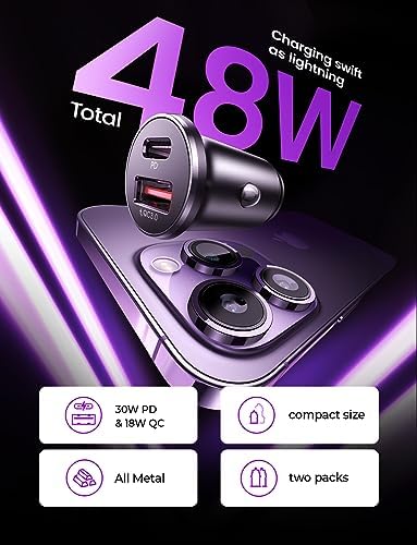 LISEN 2-Pack Ultra Compact 48 W USB C Car Charger Adapter – All Metal Fast Charge Cigarette Lighter USB Charger for i Phone 15, 14 Pro Max, Galaxy S23/22, i Pad Pro – Smallest Flush Design for Seamless Integration and Enhanced Speed
