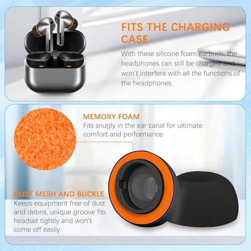 Premium Comfort Hybrid Memory Foam & Silicone Ear Tips for Samsung Galaxy Buds3 Pro – Double-Layer Anti-Slip Design Ensures Noise Isolation, Perfect Fit for Charging Case, 3 Pairs (Black Orange, Size L) – Transform Your Audio Experience with Superior Sound Quality and All-Day Comfort