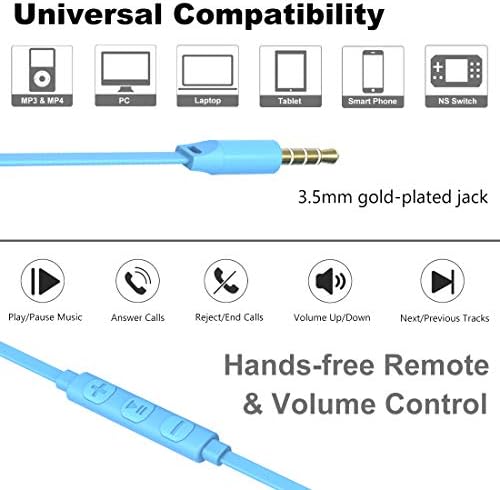 Joymiso Tangle-Free Earbuds for Small Ears – Lightweight In-Ear Headphones with Mic & Volume Control for Kids and Women – Stylish Blue Wired Earbuds with Comfortable Fit & Tangle-Free Flat Cable for Effortless Listening on Cell Phones & Laptops