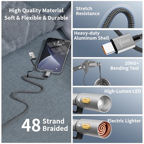 6 in 1 USB C Cable,60W Fast Charging Cable 4 FT,C to USB A/C Braided Multi-Function Charger Power Cord with LED Flashlight and Electric Lighter,for Charging/Outdoor/Travel Use – Enhanced Compatibility and Speed