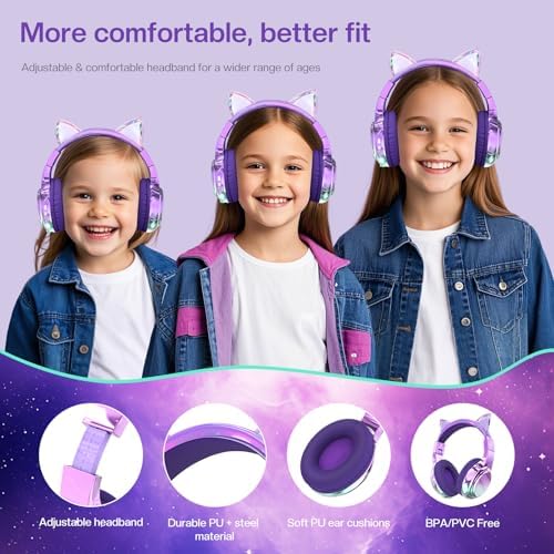 Elevate Your Child’s Listening Experience with Qear Fun Purple Cat Ear Bluetooth Headphones – 60 Hours of Playtime, Safe Volume Control (74/85/94 d B), Ultra-Portable Foldable Design, Advanced Bluetooth 5.3 Connectivity, and Built-in Mic for Girls – Perfect for School, Travel, and On-the-Go Fun
