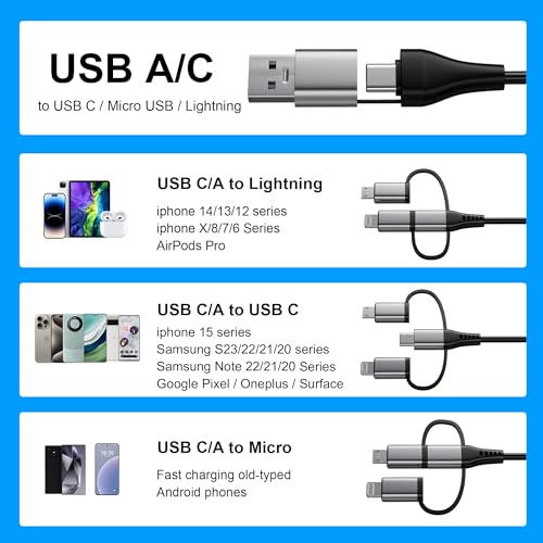 Universal 6-in-1 Coiled USB A/C to USB-C/Lightning/Micro Charging Cable – 3 A High-Speed Charging for i Phone, i Pad, and Android Devices – Seamless Compatibility with Apple Car Play & Android Auto – Tangle-Free Design for Ultimate Portability and Convenience