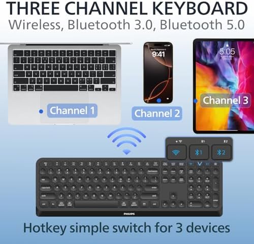 PHILIPS Ergonomic Wireless & Bluetooth Keyboard – Ultra-Quiet Standard Layout with 2.4 GHz USB Receiver, Multi-Device Compatibility, and Enhanced Comfort for Seamless PC, Laptop, and Tablet Use – Elevate Your Productivity Today!
