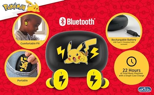 Pokémon-Themed Kids Bluetooth Earbuds with Microphone – Ultra-Lightweight Design for School, Travel, and Home Use – Portable Charging Case with Enhanced Device Compatibility for Seamless Audio Experiences