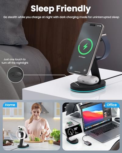 Ultimate 3-in-1 Wireless Charging Station for i Phone, Apple Watch, and Air Pods – Qi2 Certified 15 W Magnetic Charger with 30 W USB-C Adapter & Integrated Night Light – Streamlined Design for i Phone 16/15/14/13/12 – Superior Speed and Enhanced Compatibility for Modern Tech Users