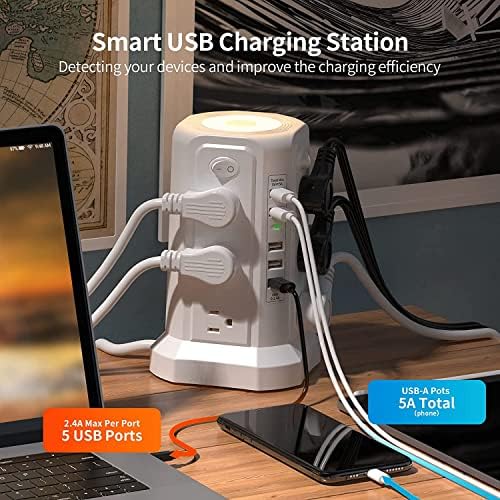 PASSUS Surge Protector Power Strip Tower with 12 AC Outlets and 5 High-Speed USB Ports – 10 FT Extension Cord with Overload Protection and Built-In Night Light for Home Office and Dorm Room – Sleek Black Design for Ultimate Charging Efficiency