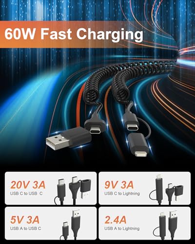 Revolutionary 4-in-1 Coiled Charging Cable: USB, USB-C & Lightning Combo for Seamless Apple Car Play & Android Auto Compatibility – 5 FT, 60 W Fast Charging Multi-Device Cord for i Phone, Samsung, i Pad, Mac Book – Tangle-Free Travel Solution