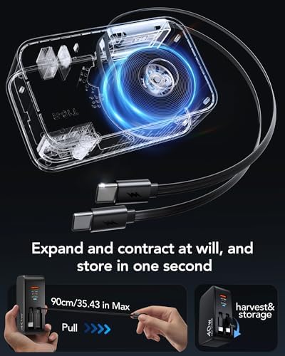Ultimate 4-in-1 Retractable Wall Charger with Dual USB Ports – Fast 40 W Charging Adapter with 35.5 in/90 cm Lightening and Type-C Cables – Perfect for i Phone 16/15/14/13/12/11, i Pad, Galaxy, and Pixel Devices – Compact, Foldable Design for Effortless Travel and Enhanced Device Compatibility