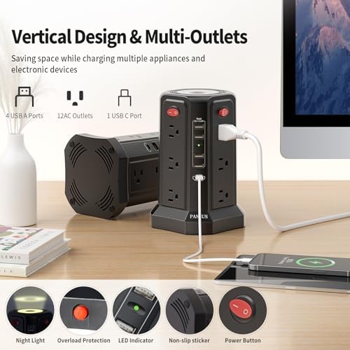 PASSUS Surge Protector Power Strip Tower with 12 AC Outlets and 5 High-Speed USB Ports – 10 FT Extension Cord with Overload Protection and Built-In Night Light for Home Office and Dorm Room – Sleek Black Design for Ultimate Charging Efficiency