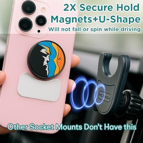 MCCHJoy Dual Magnetic Socket Car Vent Mount – Ultra-Stable No-Spin Phone Holder for All Devices and Pop Sockets – Secure AC Vent Hook for Safe Hands-Free Navigation and Streaming – Premium Compatibility for Every Journey