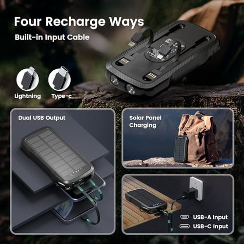 Portable Solar Power Bank 10,000 m Ah – Dual Built-in Cables & Fast 15 W Wireless Charging – Eco-Friendly Design with Cigarette Lighter & 3 LED Flashlight Modes – Perfect for Camping, Emergencies & Everyday Use – Ideal Gift for All Occasions