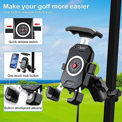Roykaw Golf Cart Phone Mount Holder: Qi 15 W Wireless & Type C 20 W Fast Charging for i Phone, Galaxy, Google Pixel, Motorola – Adjustable One-Click Lock Cradle for 4.0″-6.8″ Phones – Ultimate Convenience for Golf Enthusiasts with Enhanced Durability and Accessibility