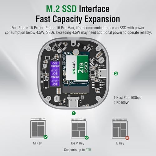 Ultra-Fast Magnetic M.2 2230 NVMe SSD Enclosure with Kickstand – 2 TB Storage, USB-C 3.2 Gen 2 10 Gbps Speed, 100 W PD Charging, Mag Safe-Compatible Aluminum Case for i Phone 16/15 Pro Max, Mac Book, i Pad – Optimize Your Workflow with Unmatched Portability and Efficiency