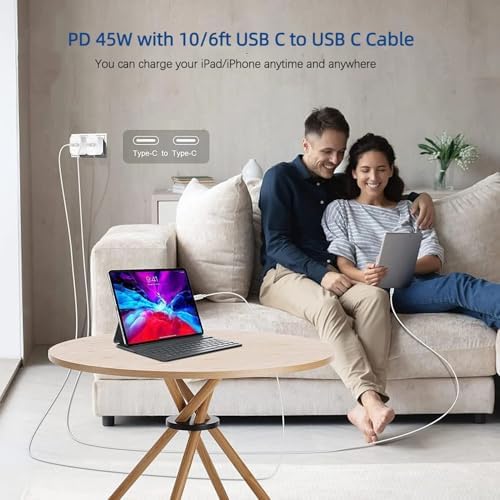 Experience Unmatched Charging Speed with the 45 W Dual USB-C Power Adapter Bundle – Includes 10 FT & 6 FT Cables for Ultimate Device Compatibility – Perfect for i Pad Pro, i Phone 16, Air Pods Pro 2, and Samsung S25 Ultra – Compact, Efficient Charging Solution for Tech-Savvy Professionals on the Go