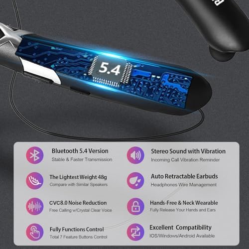 Ultra-Lightweight Bluetooth Neckband Headphones with CVC 8.0 Noise Cancelling – 18-Hour Battery Life & IPX5 Waterproof Design for Active Lifestyles – Seamless Connectivity with Advanced Bluetooth 5.4 Technology for Unmatched Audio Experience and Comfort