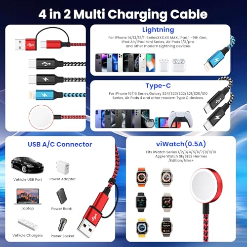 Ultimate 4-in-2 Multi-Device Travel Charging Cable – Dual USB-C & Lightning Connectors for Apple Watch and i Phone – 5 FT Length for Maximum Flexibility – Essential On-the-Go Power Solution – 2 Pack for Seamless Charging Anywhere – Experience Efficient Connectivity and Convenience